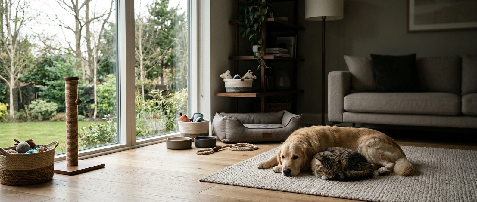 Dog and cat resting in a calm home with practical pet gear
