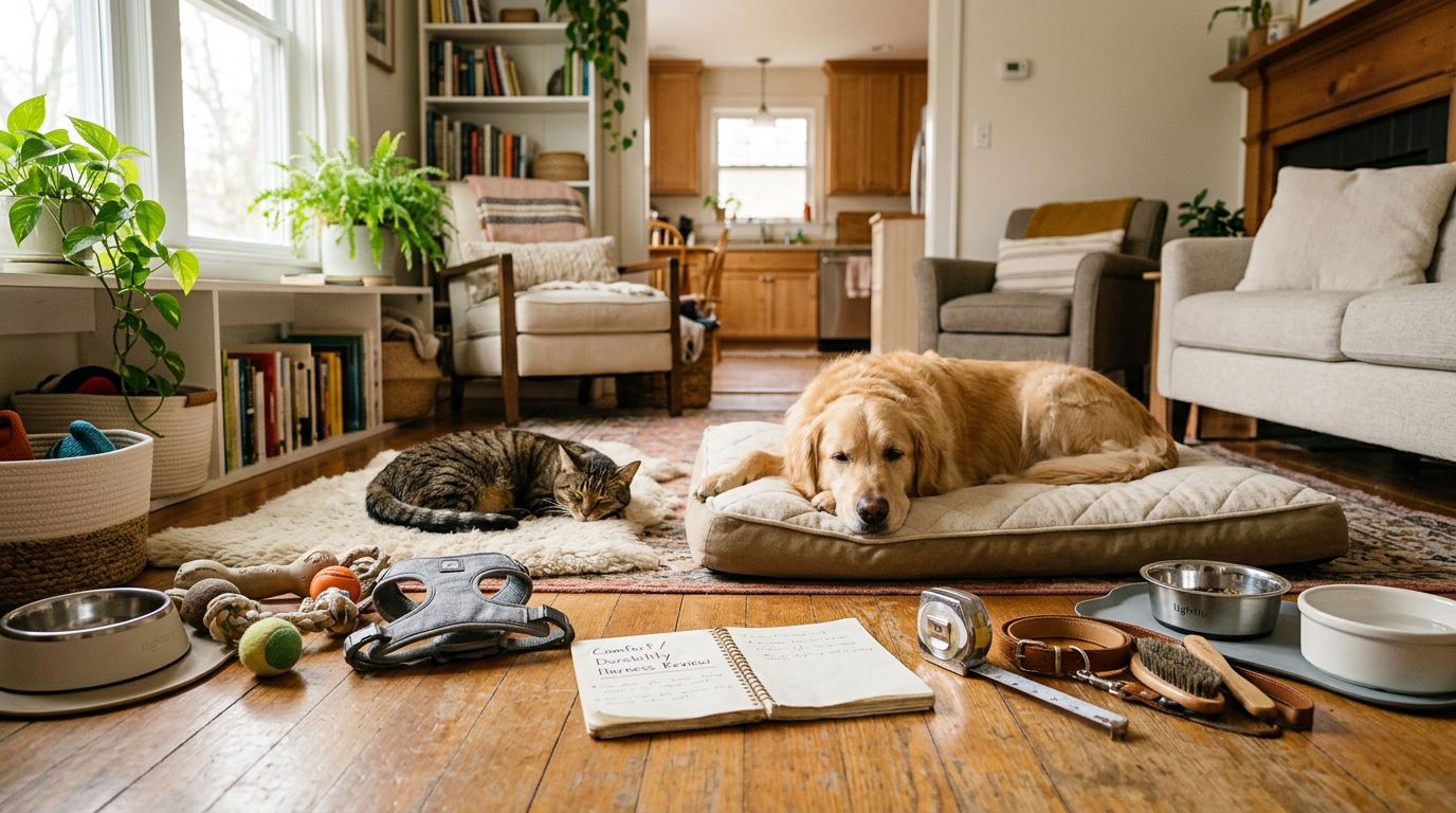 Dog and cat beside pet supplies and review notes